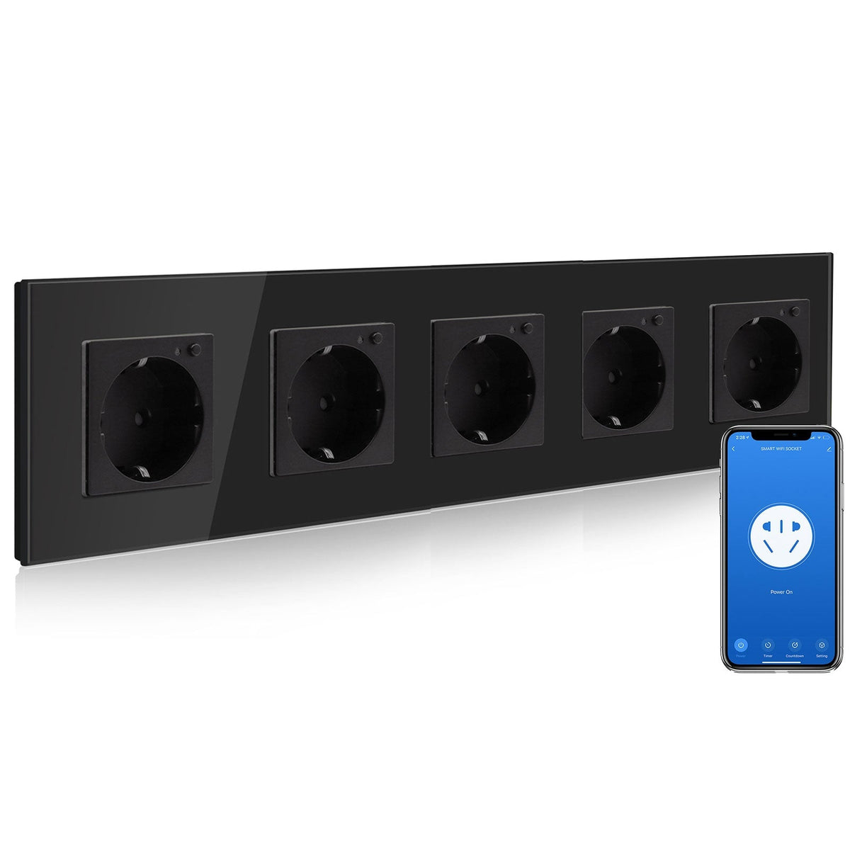 BSEED Wifi EU Wall Sockets Single Power Outlets Kids Protection Power Outlets & Sockets Bseedswitch black Quintuple Glass