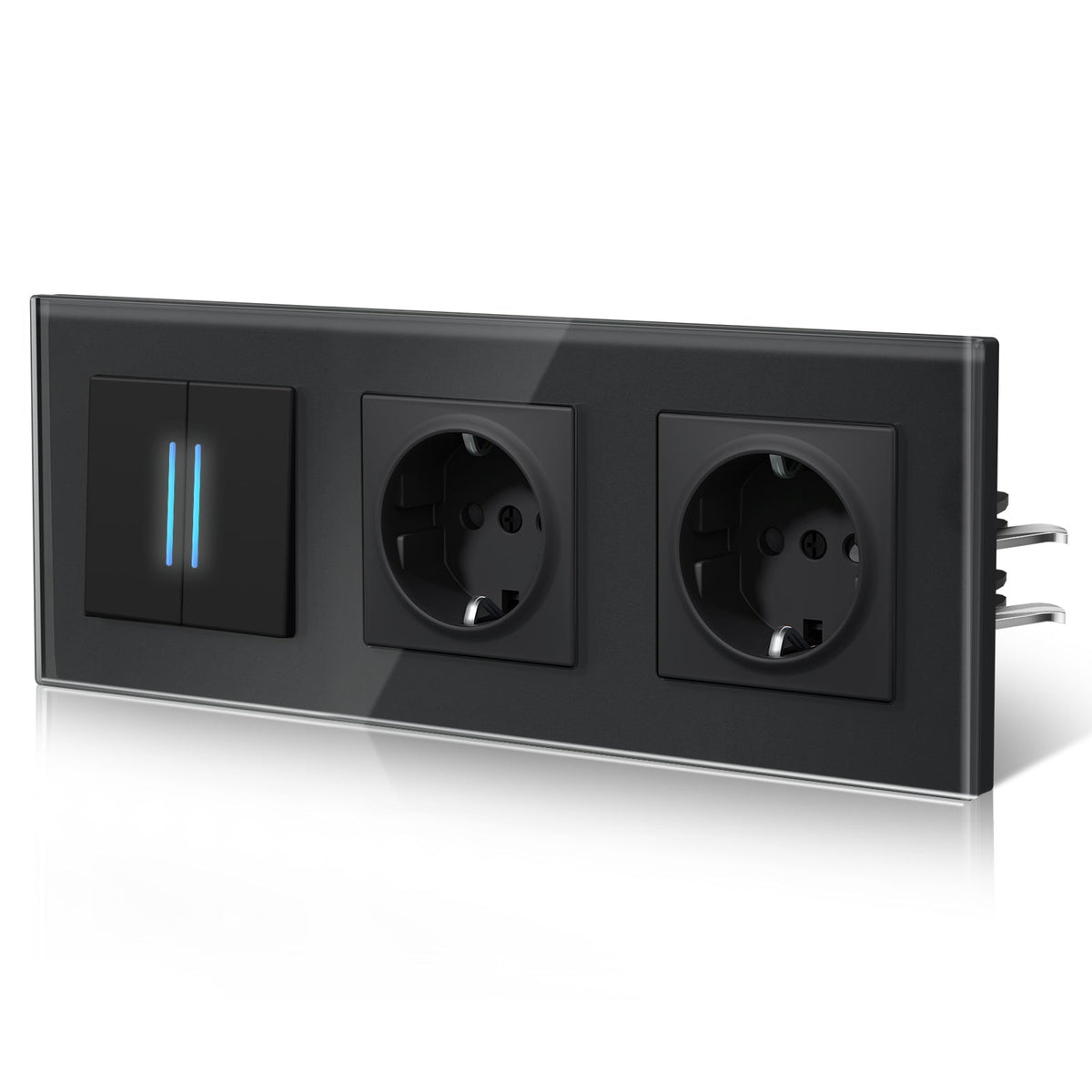 Bseed Echo Light Switch Glass Panel With Clamping technology with Double Europe Socket Light Switches Bseedswitch Black 2 Gang 2 Way + Socket