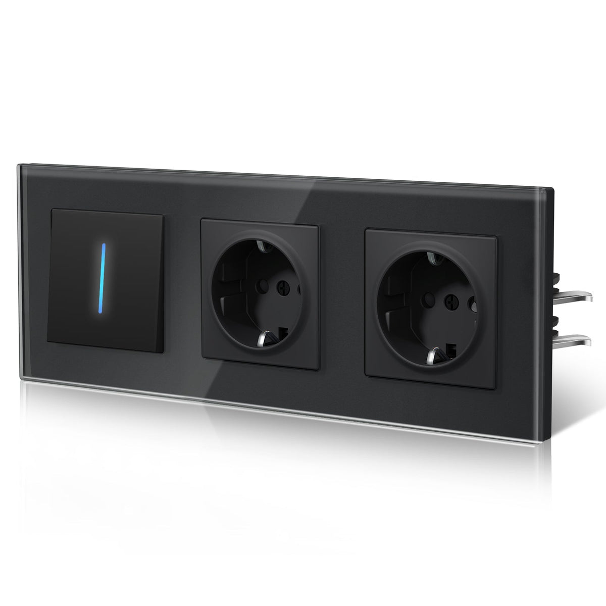 Bseed Echo Light Switch Glass Panel With Clamping technology with Double Europe Socket Light Switches Bseedswitch Black 1 Gang 1 Way + Socket