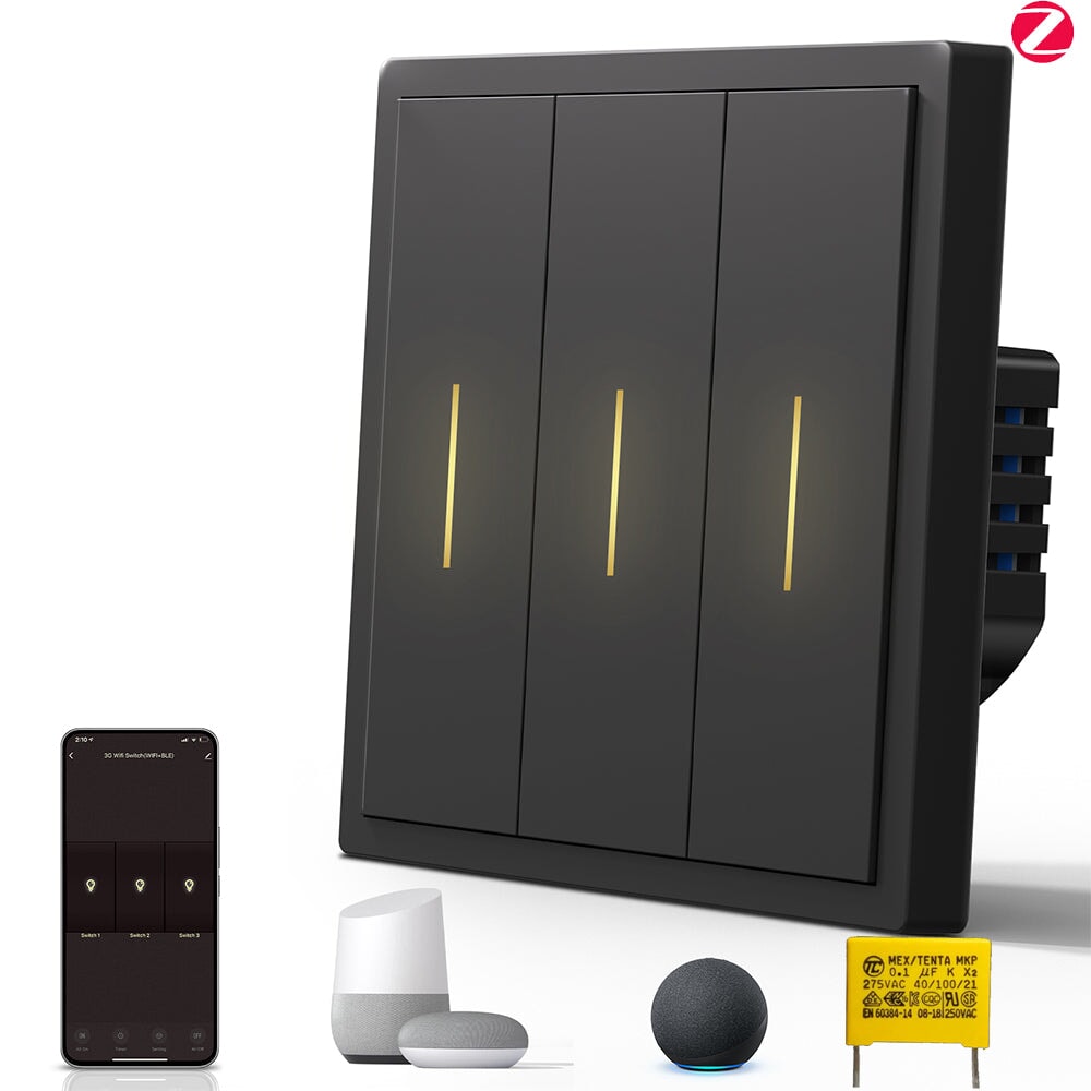 Interruptor Inteligente BSEED Serie Scale Zigbee (Sin Neutro) Interruptores BSEEDswitch Negro 1 Unidad/Paquete 3 Gang