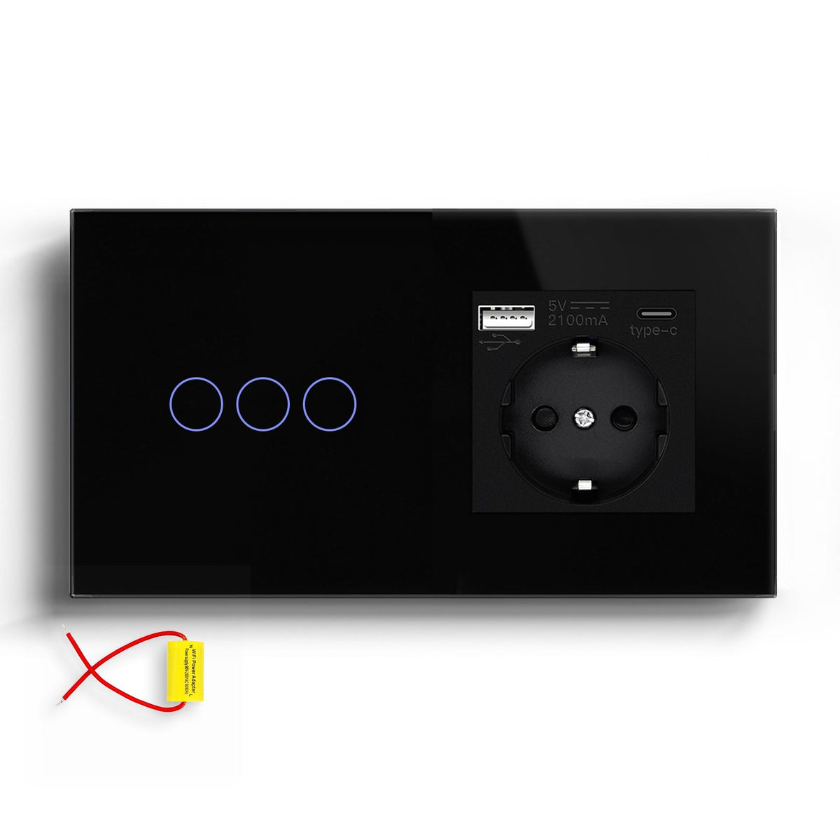 BSEED Single Line Wifi Light Switch with Eu socket type-c Plug 2.1A 157mm Light Switches Bseedswitch Black 3Gang