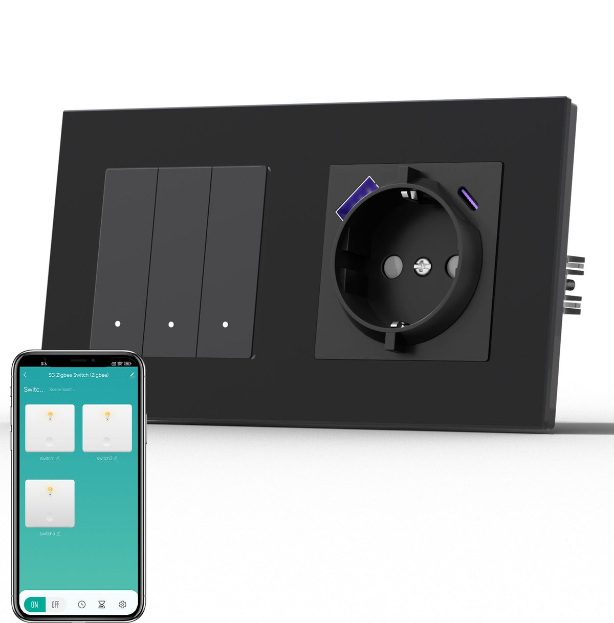 BSEED Smart Zigbee Light Switch (With Neutral) Socket With USB C 20W Fast Charge Light Switches Bseedswitch Black 3 Gang