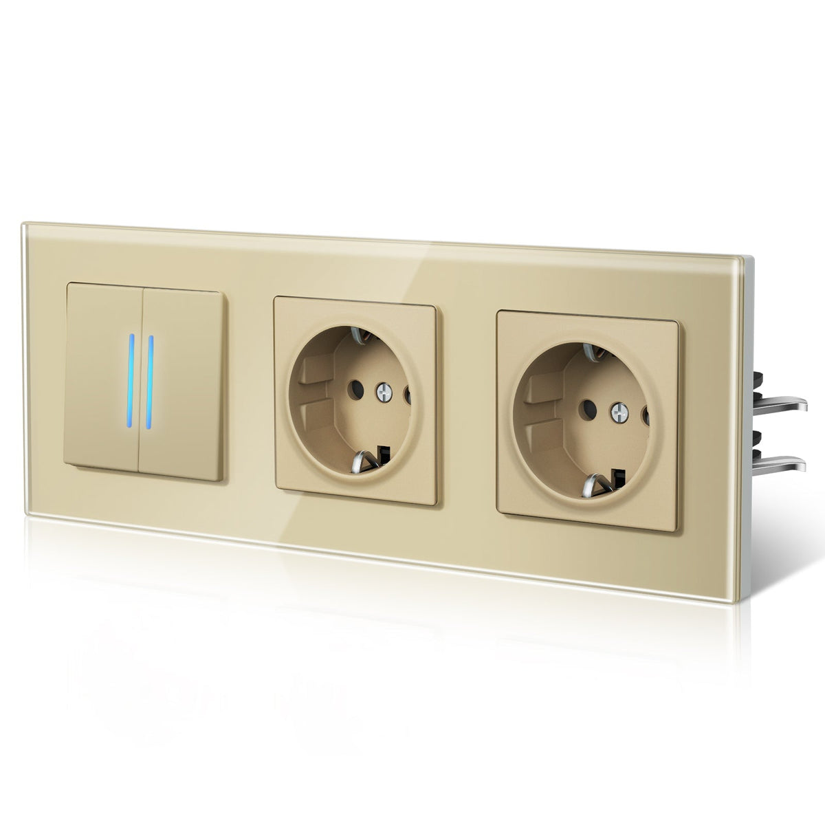 Bseed Echo Light Switch Glass Panel With Clamping technology with Double Europe Socket Light Switches Bseedswitch Gold 2 Gang 1 Way + Socket