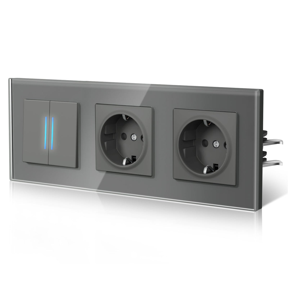 Bseed Echo Light Switch Glass Panel With Clamping technology with Double Europe Socket Light Switches Bseedswitch Grey 2 Gang 2 Way + Socket