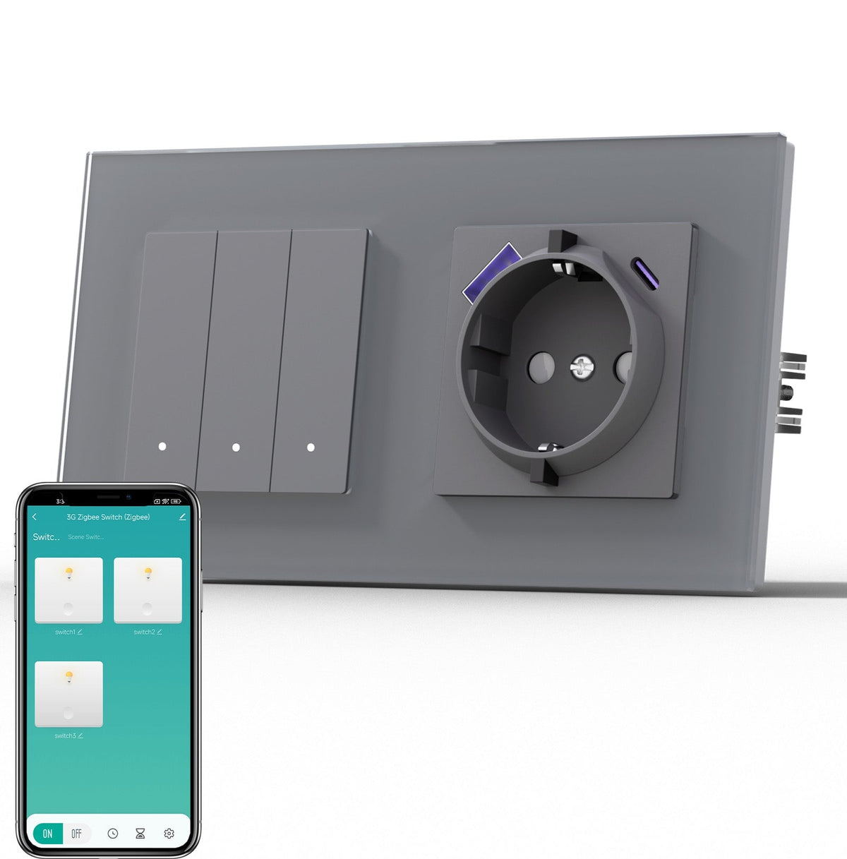 BSEED Smart Zigbee Light Switch (With Neutral) Socket With USB C 20W Fast Charge Light Switches Bseedswitch Grey 3 Gang