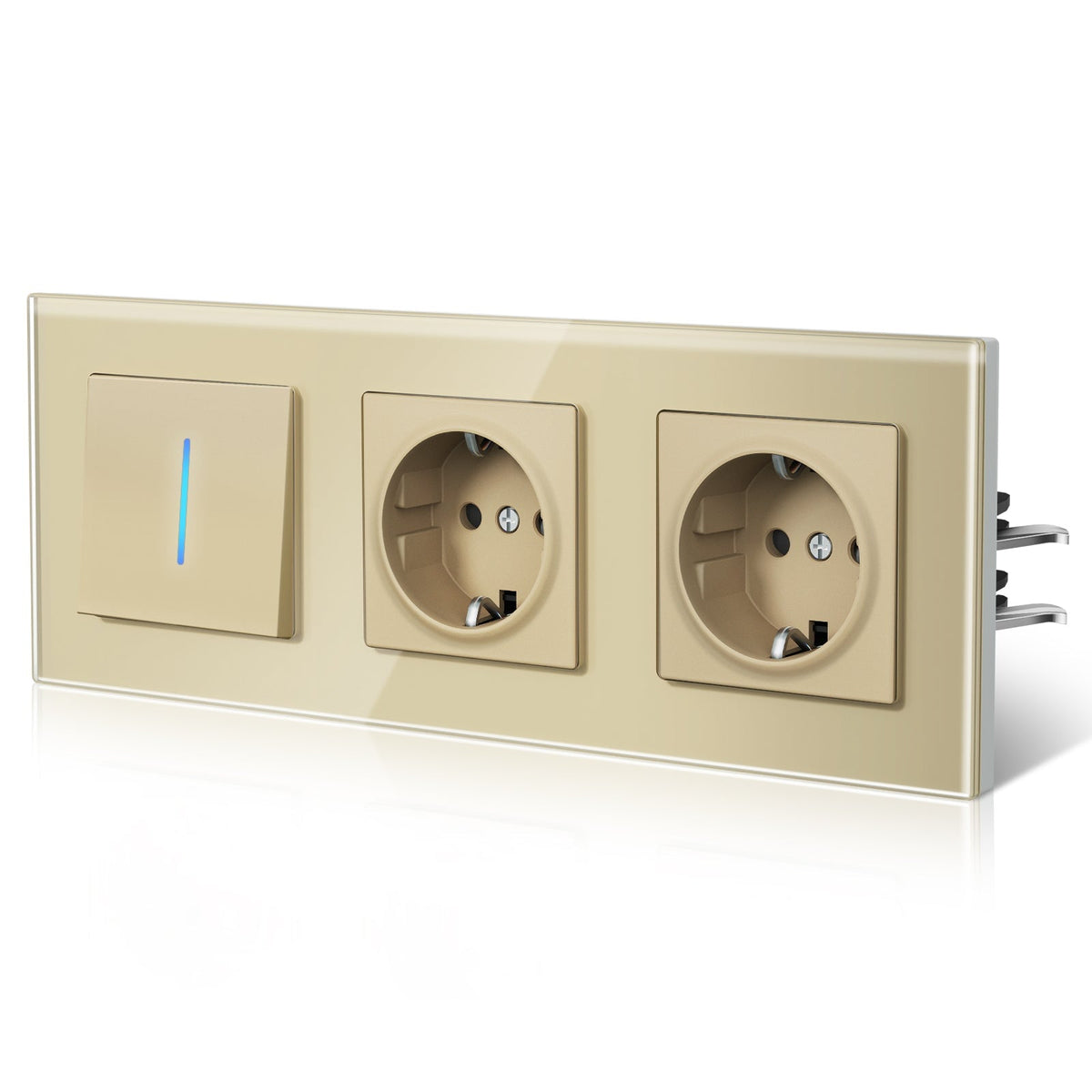Bseed Echo Light Switch Glass Panel With Clamping technology with Double Europe Socket Light Switches Bseedswitch Gold 1 Gang 2 Way + Socket