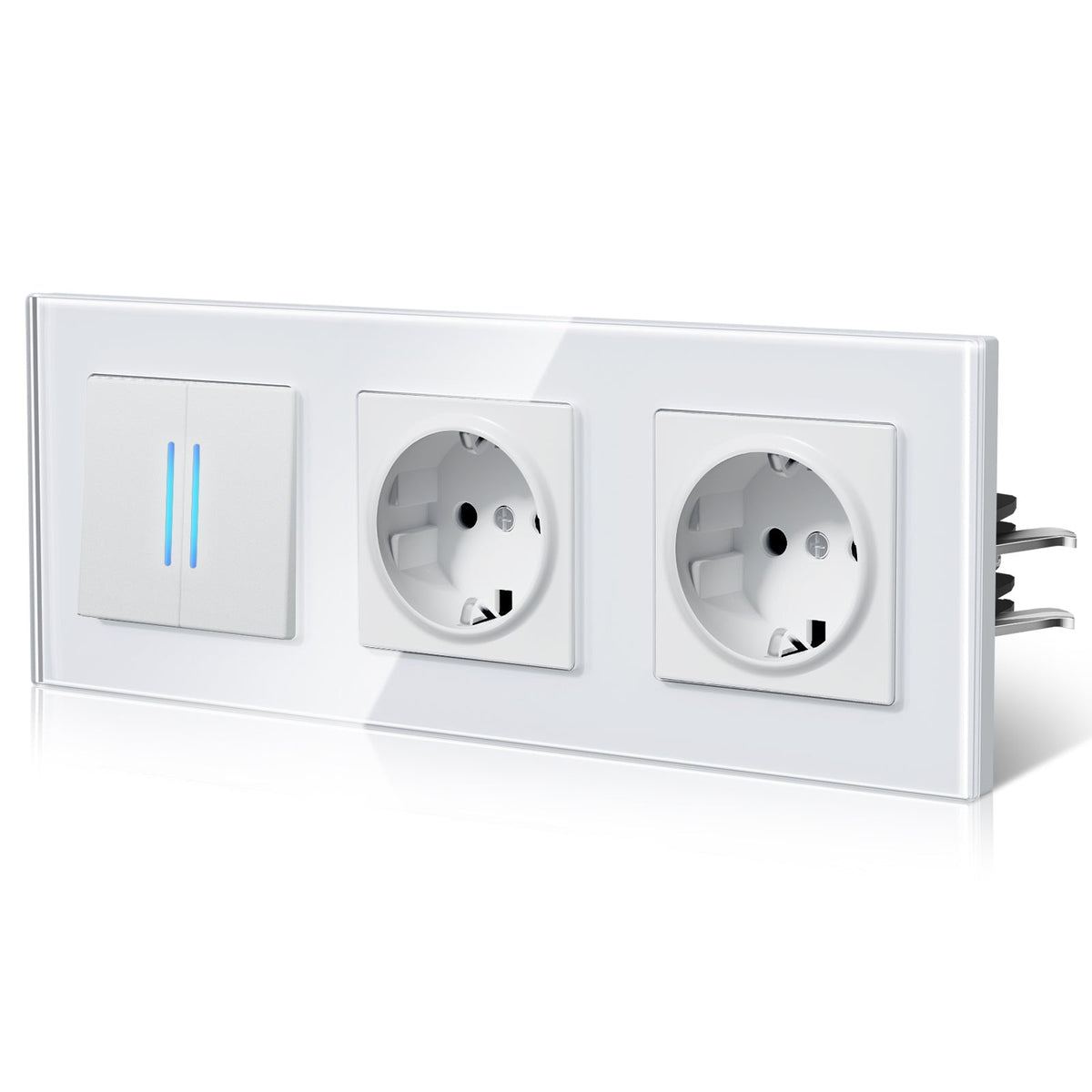 Bseed Echo Light Switch Glass Panel With Clamping technology with Double Europe Socket Light Switches Bseedswitch White 2 Gang 2 Way + Socket
