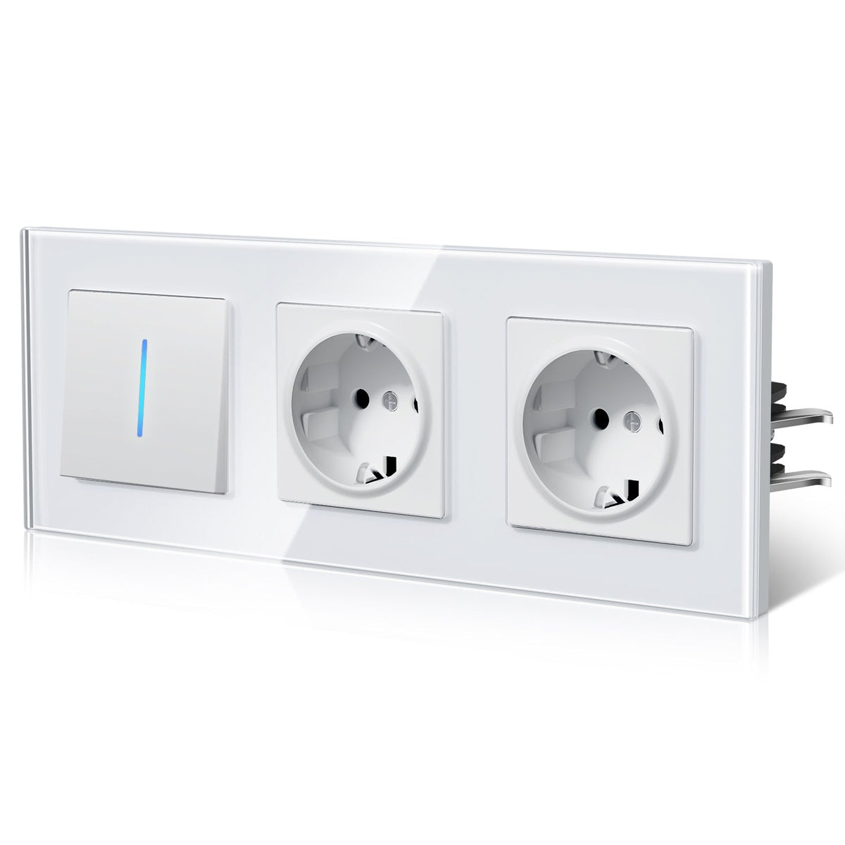 Bseed Echo Light Switch Glass Panel With Clamping technology with Double Europe Socket Light Switches Bseedswitch White 1 Gang 2 Way + Socket