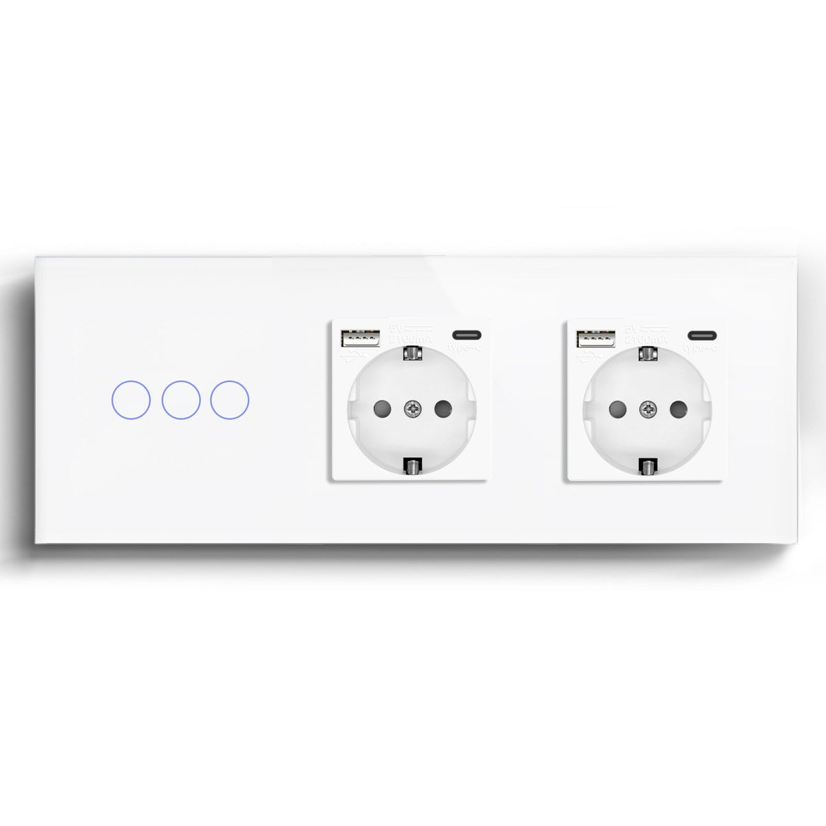 Bseed Zigbee Touch 1/2/3 Gang NO Neutral line Light Switches With Double EU Socket with USB-C Light Switches Bseedswitch White 3Gang
