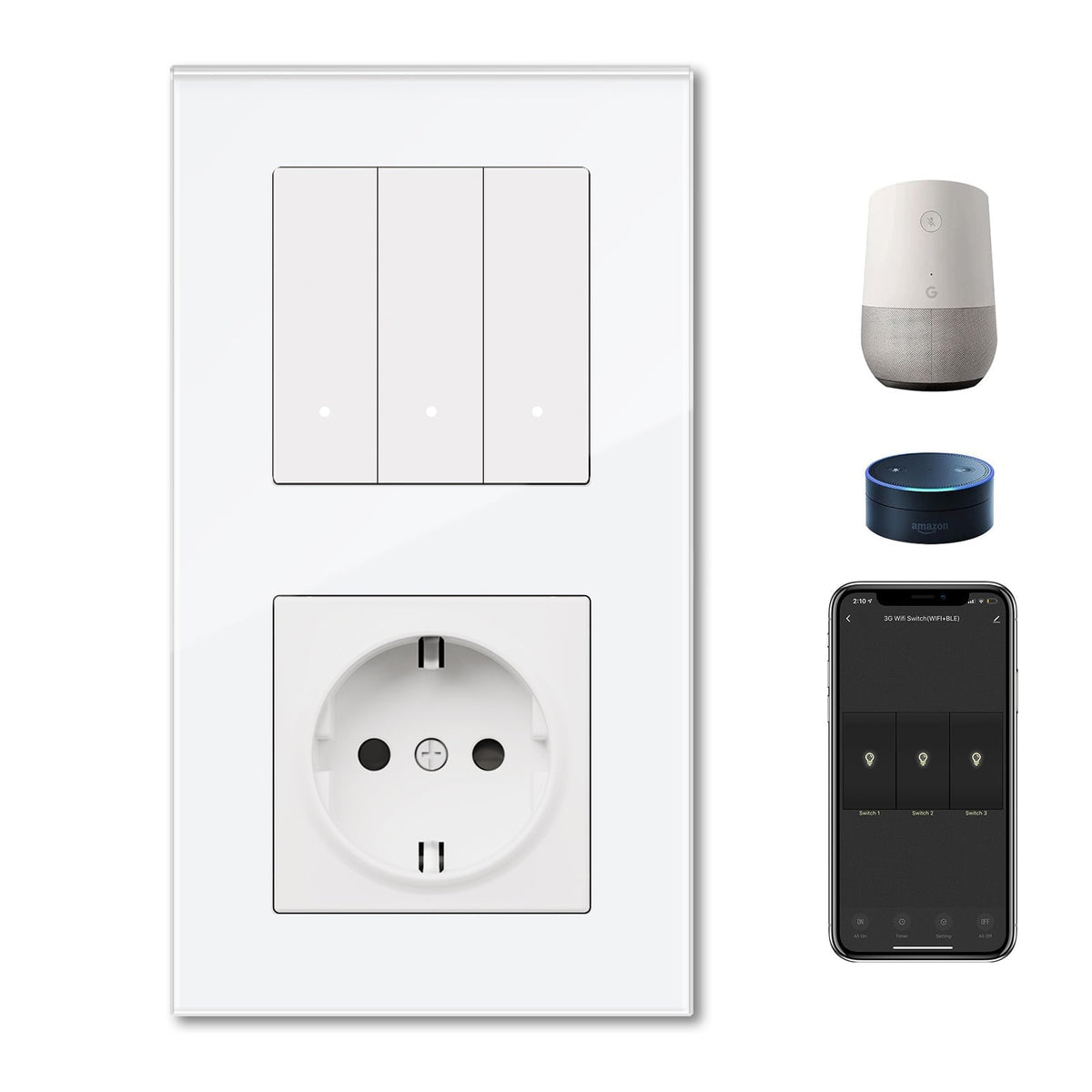 Echo Series Smart Wifi Switch With EU Single Socket 157mm Power Outlets & Sockets Bseedswitch White 3 Gang