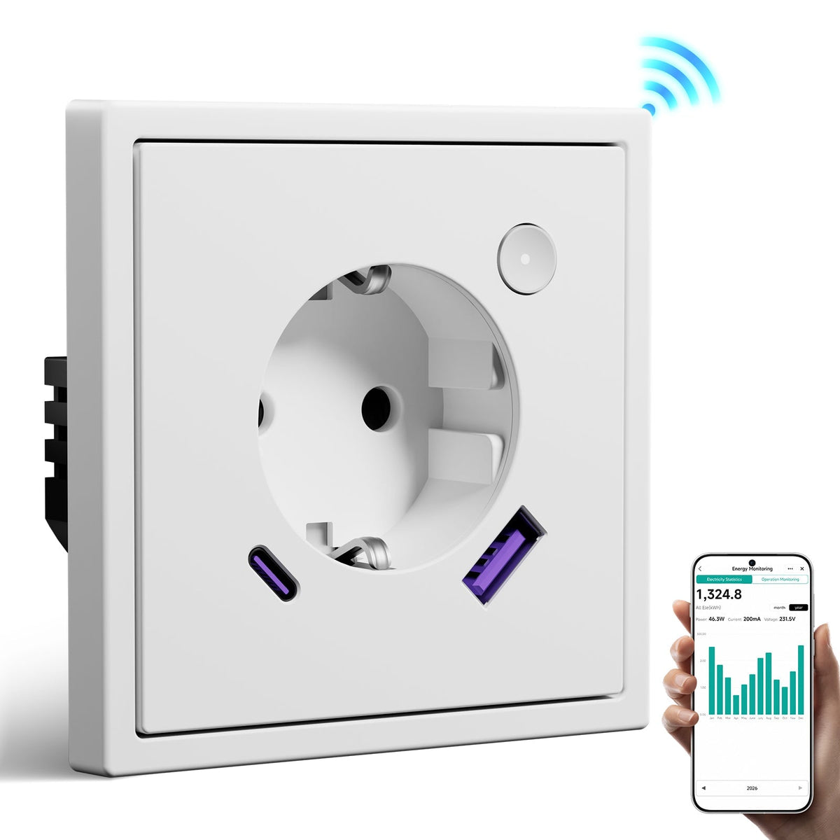 BSEED Grand Smart Wifi Socket With Energy Monitoring 20W USB-C Port Eu Socket Work with Alexa Google Power Outlets & Sockets Bseed official White Single