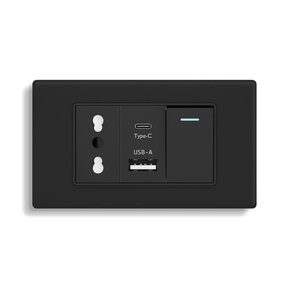 Italian Standard 16A Wall Socket With USB and 2.1A Type-c Ports Wall light switch 1Gang Bseedswitch Black 1Way