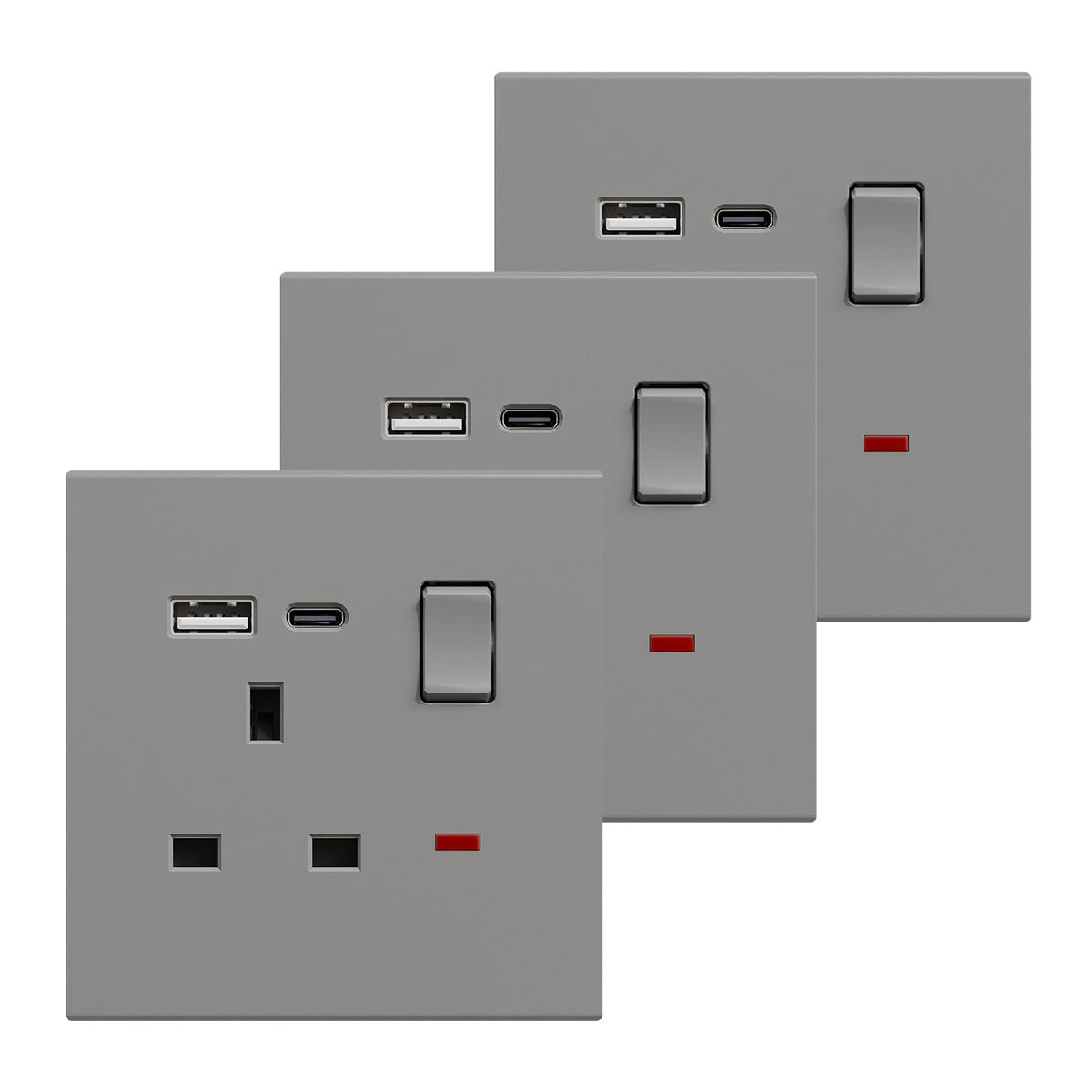 BSEED UK Standard 13A Socket with USB-C Port Electrical switch sockets Plastics Panel Power Outlets & Sockets Bseedswitch grey 3 PCS/Pack Single Scoket