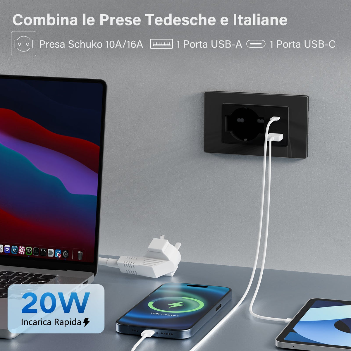 Presa a muro standard italiana 16A con connettore Tipo-C da 20W per ricarica rapida, pannello in vetro cristallo, presa Bseedswitch