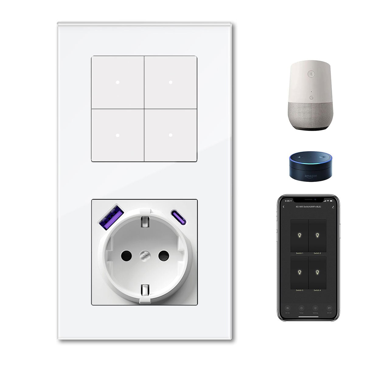 Echo Series Smart Wifi Switch With EU Socket with 20W usb type-c port 157mm Power Outlets & Sockets Bseedswitch White 4Gang