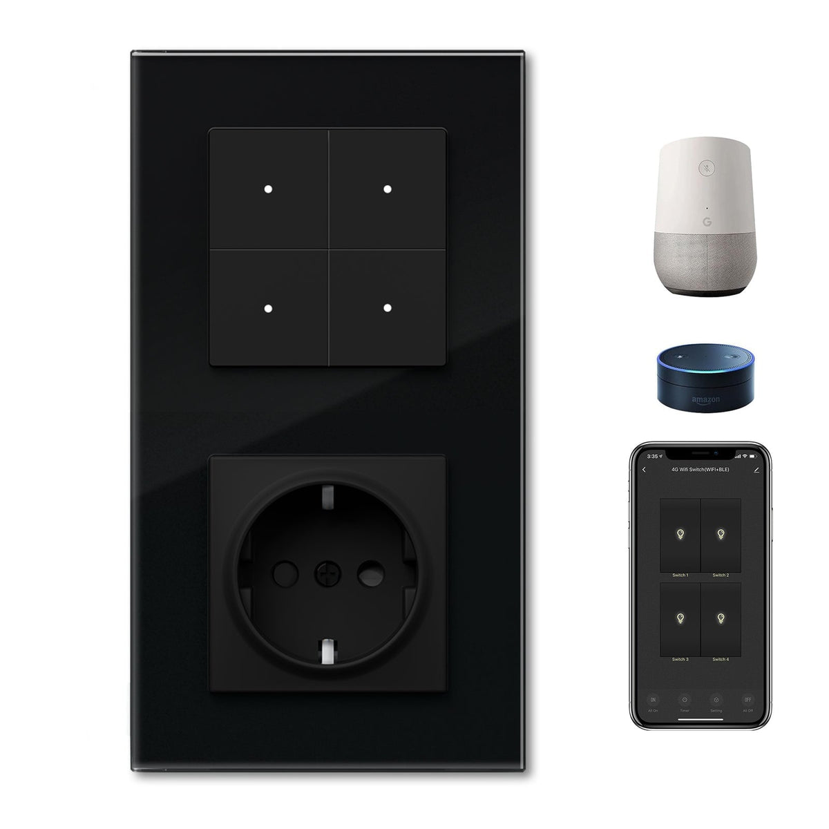 Echo Series Smart Wifi Switch With EU Single Socket 157mm Power Outlets & Sockets Bseedswitch Black 4 Gang