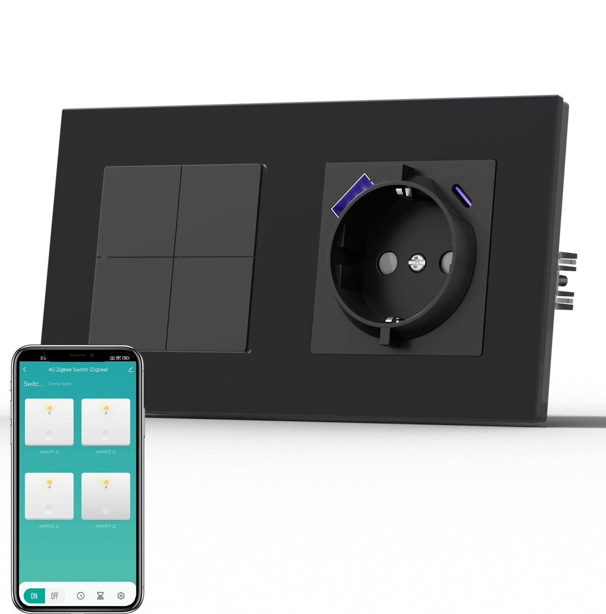 BSEED Smart Zigbee Light Switch (With Neutral) Socket With USB C 20W Fast Charge Light Switches Bseedswitch Black 4 Gang