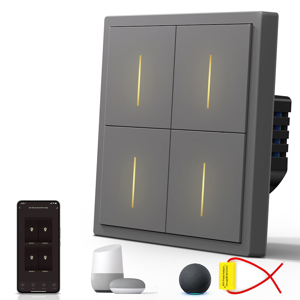BSEED Scale Series Smart Wifi Light Switch Work With Alexa Google Assistant (No Neutral) Light Switches Bseedswitch Grey 4 Gang 1 PCS/Pack