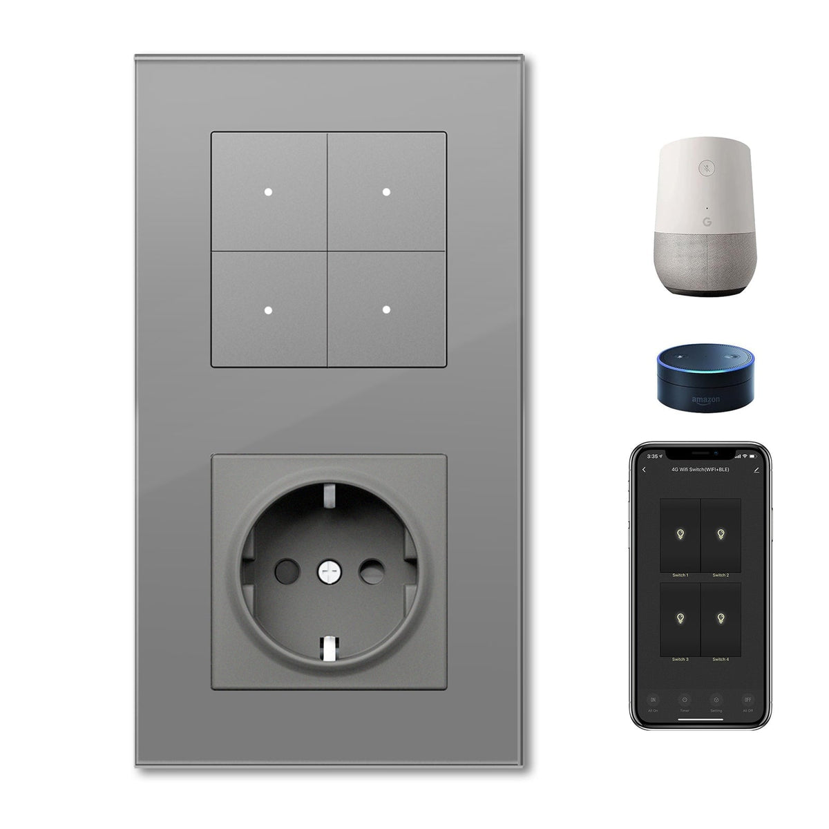 Echo Series Smart Wifi Switch With EU Single Socket 157mm Power Outlets & Sockets Bseedswitch Grey 4 Gang