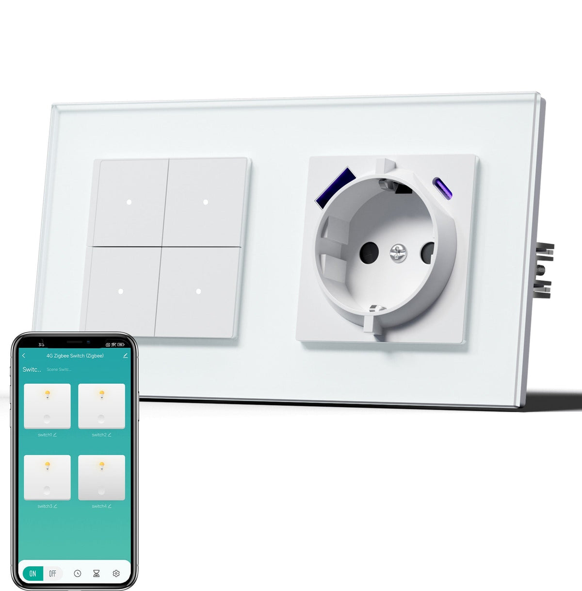 BSEED Smart Zigbee Light Switch (With Neutral) Socket With USB C 20W Fast Charge Light Switches Bseedswitch White 4 Gang