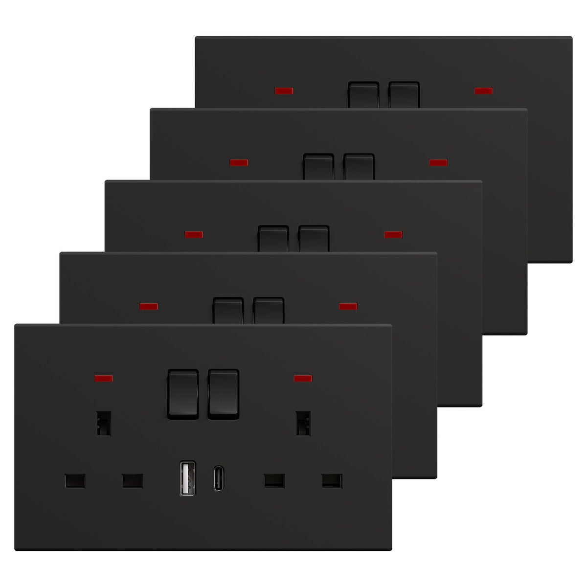 BSEED UK Standard 13A Socket with USB-C Port Electrical switch sockets Plastics Panel Power Outlets & Sockets Bseedswitch black 5 PCS/Pack Double Socket