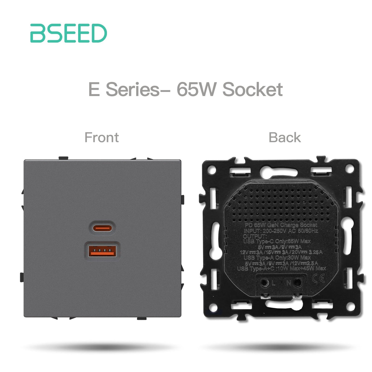 Grand Series DIY Part Customized free combinations Plastic Panels Grey Color Power Outlets & Sockets Bseedswitch 65W USB-A with USB-C Port