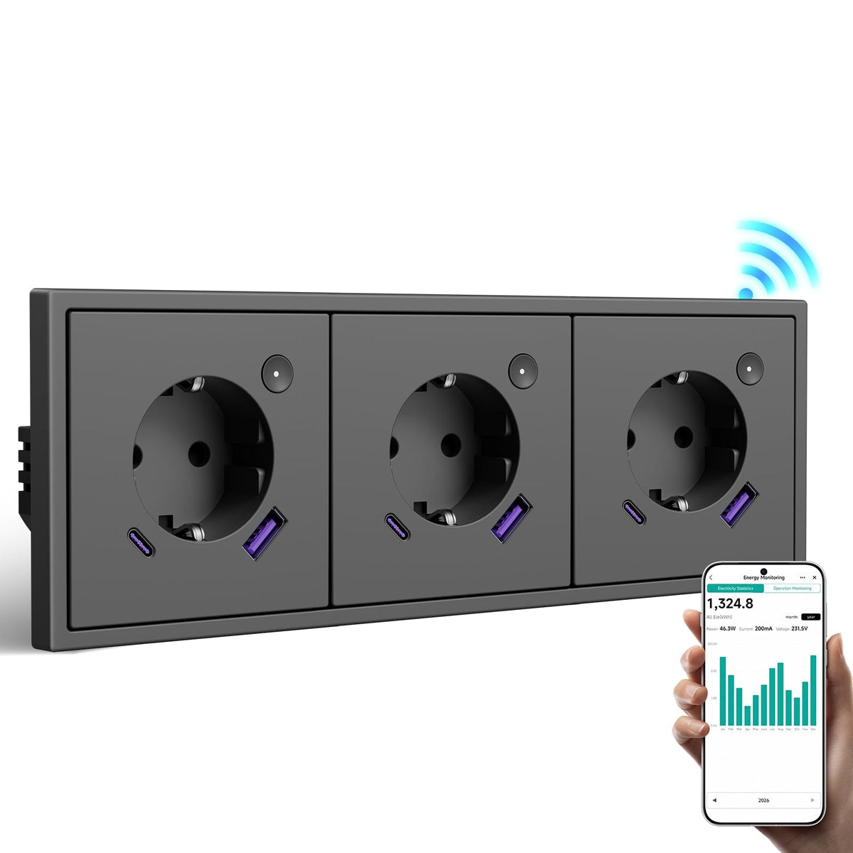 BSEED Grand Smart Wifi Socket With Energy Monitoring 20W USB-C Port Eu Socket Work with Alexa Google Power Outlets & Sockets Bseed official Grey Triple