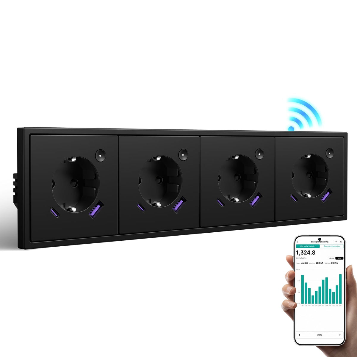 BSEED Grand Smart Wifi Socket With Energy Monitoring 20W USB-C Port Eu Socket Work with Alexa Google Power Outlets & Sockets Bseed official Black Quadruple