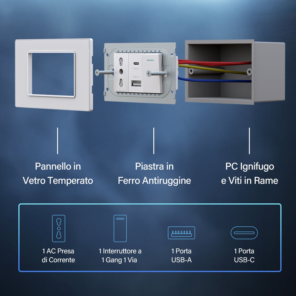 "Prise murale standard italienne 16A avec ports USB et Type-c 2.1A, interrupteur mural 1Gang Bseedswitch"