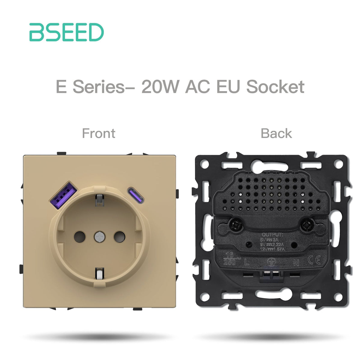 Grand Series DIY Part Customized free combinations Plastic Panels Gold Color Power Outlets & Sockets Bseedswitch EU Soccket with 20W AC Port