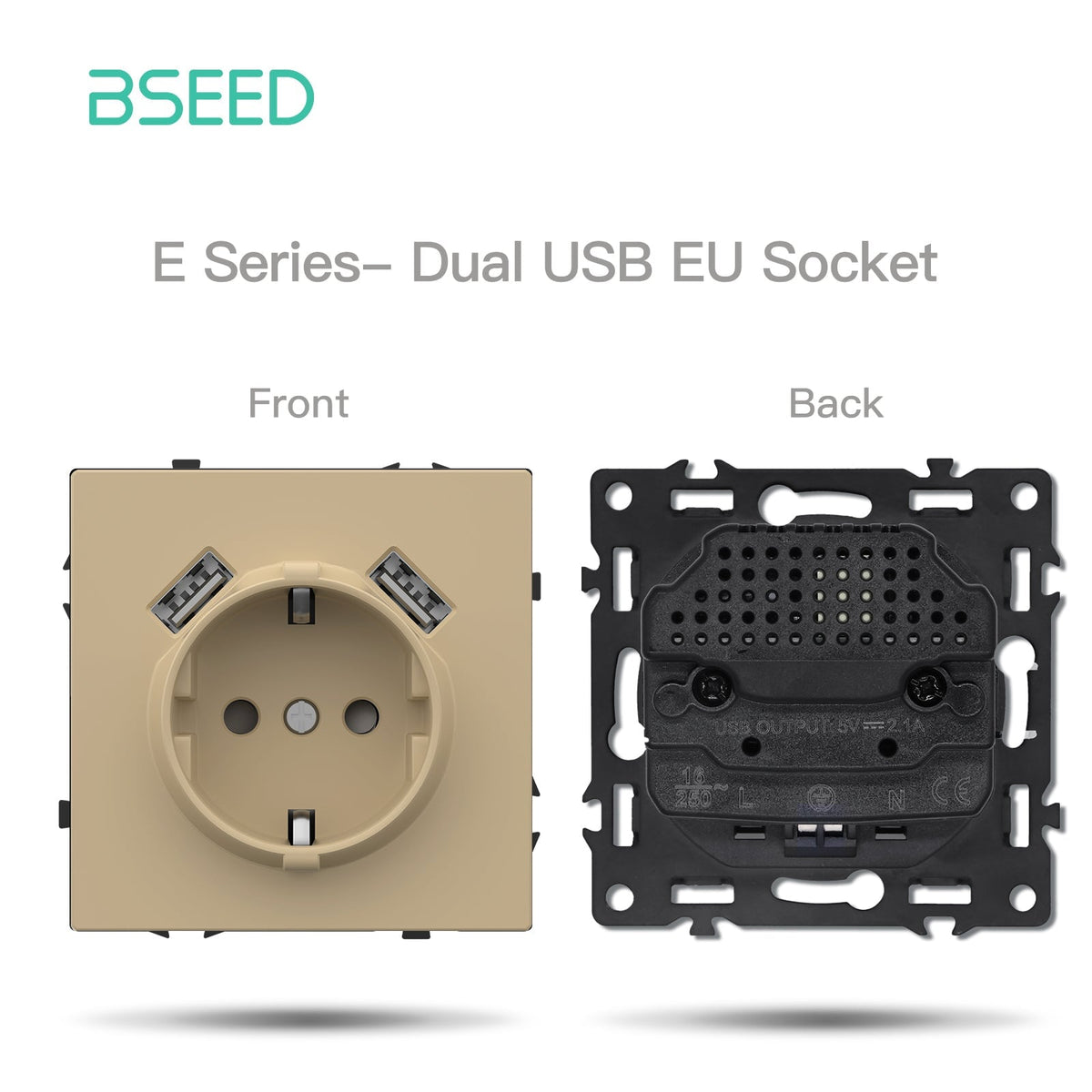 Prise électrique européenne Bseed de la série Grand, personnalisable avec panneaux en plastique doré et double port USB 10W.