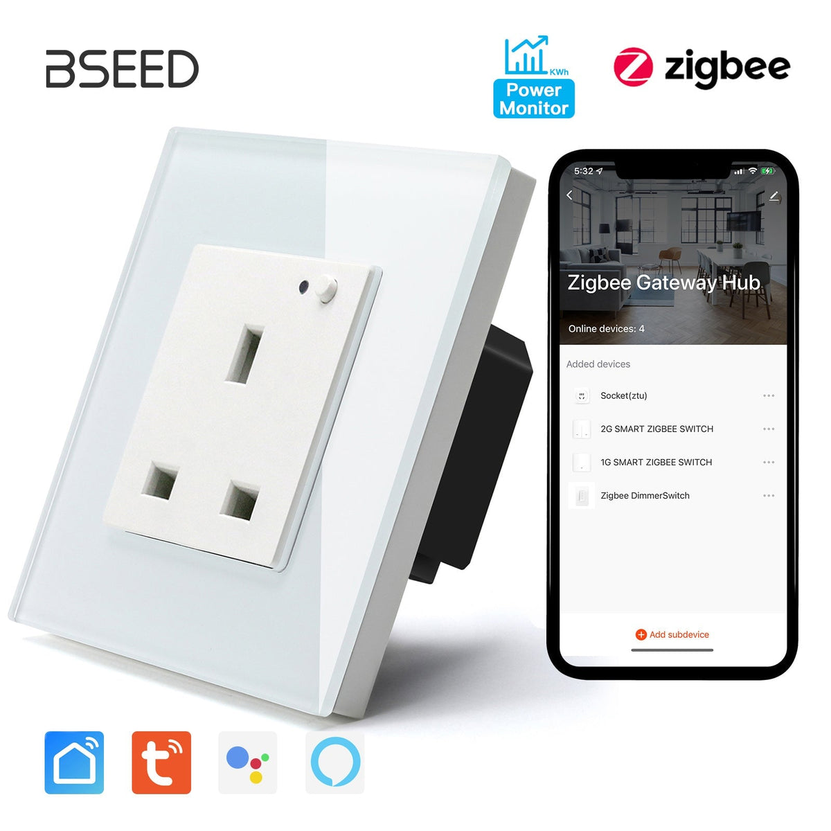 BSEED ZigBee UK Wall Sockets Power Outlets Kids Protection with metering Wall Plates & Covers Bseedswitch white Signle