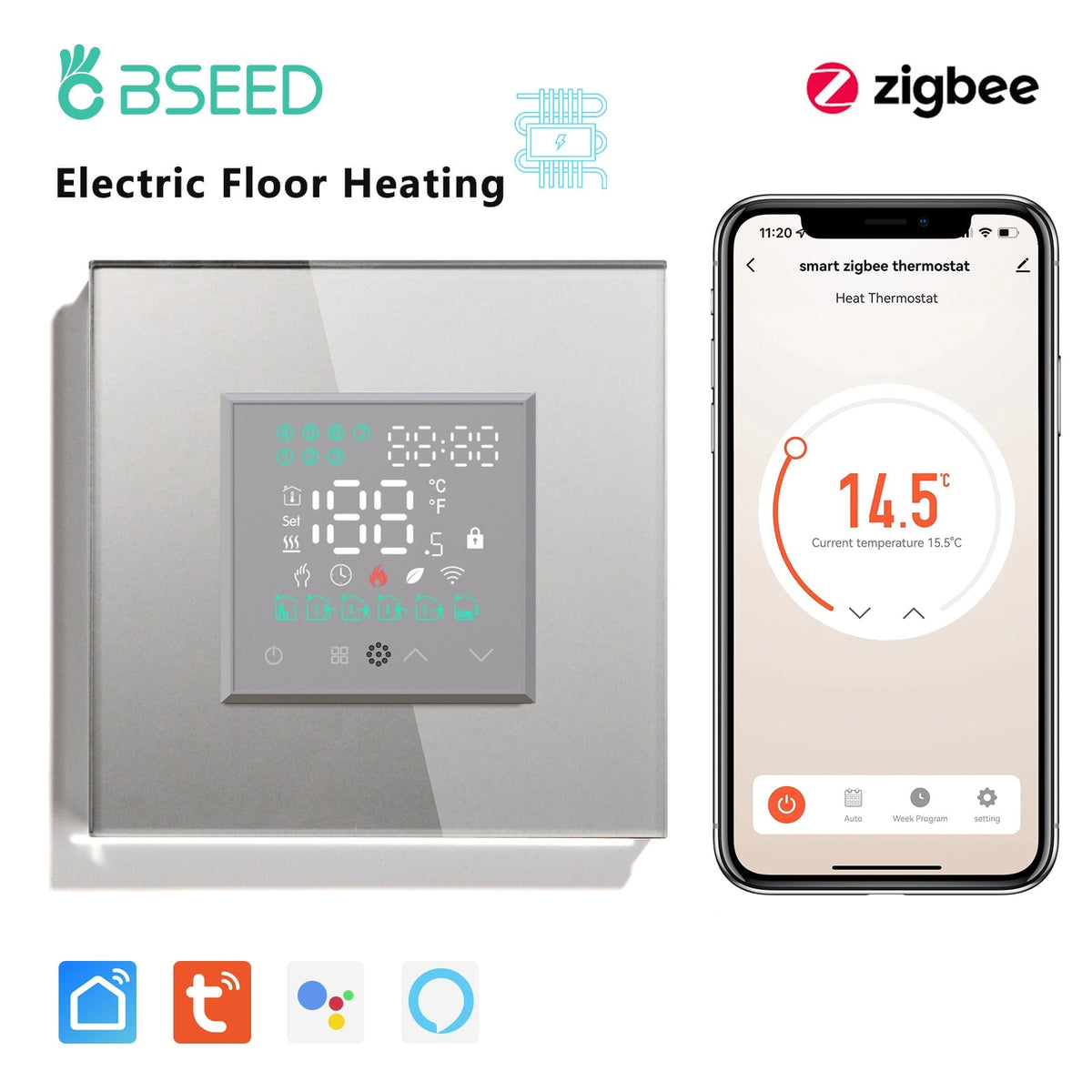 BSEED ZigBee Touch LED Screen Electric Floor Heating ZigBee Water Boiler Room Thermostat Alexa Google App Temperature Controller Backlight Thermostats Bseedswitch Grey Electric