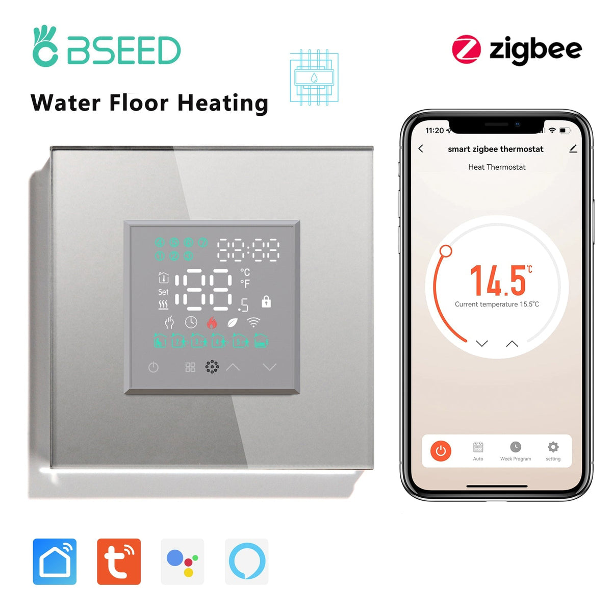 BSEED ZigBee Touch LED Screen Electric Floor Heating ZigBee Water Boiler Room Thermostat Alexa Google App Temperature Controller Backlight Thermostats Bseedswitch Grey Water
