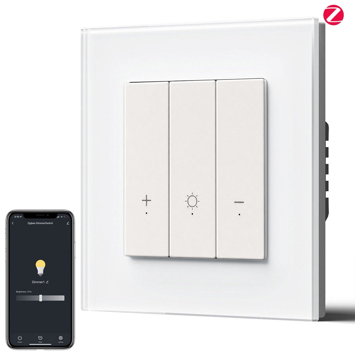 Bseed Echo Smart Zigbee Light Dimmer Switch 1 Gang Wireless Wifi For Smart Home Supports dual control Wall Plates & Covers Bseedswitch White Glass