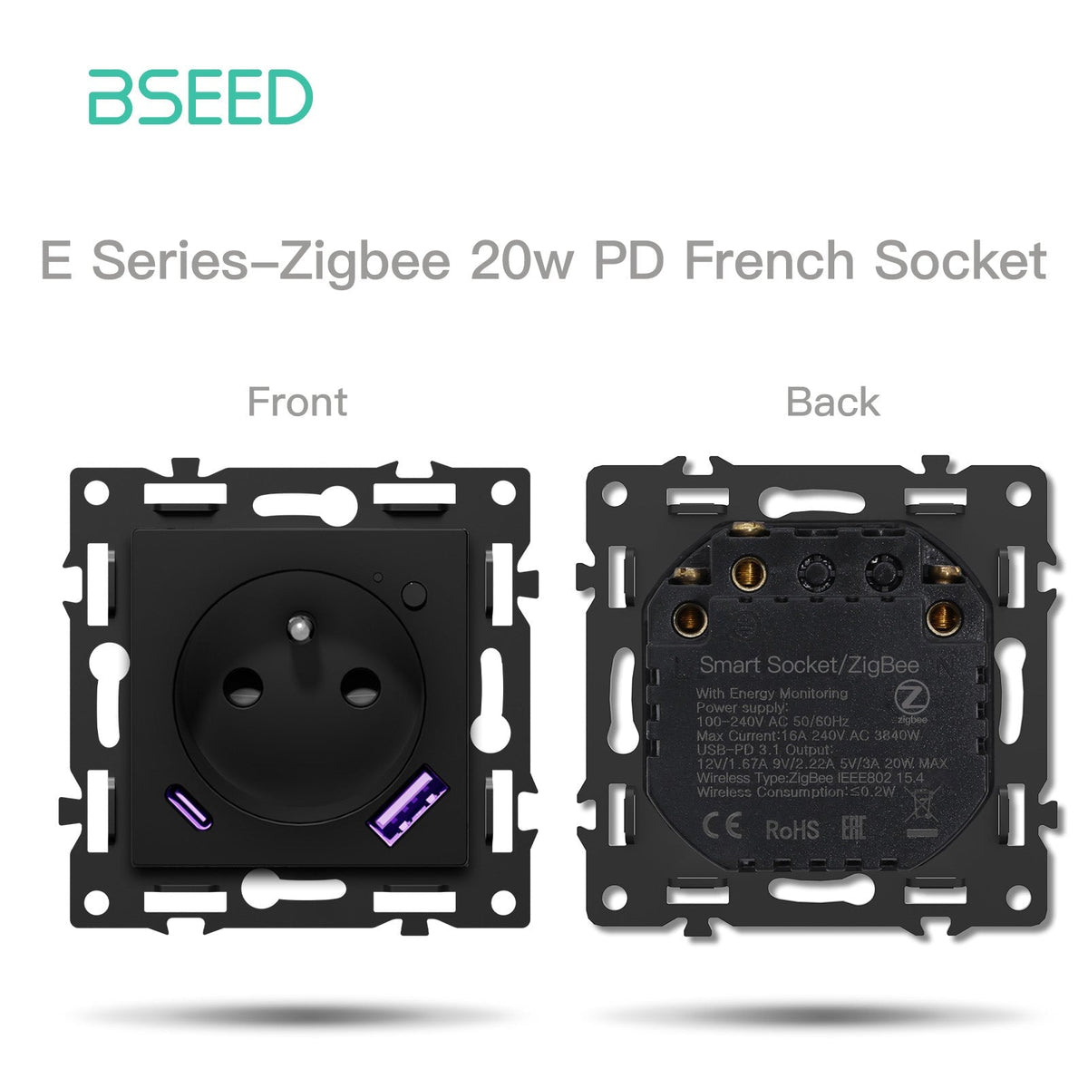 BSEED DIY Part Customized Free Combinations Mechanical Switch Socket Insert Black Color Crystal Glass Panel Light Switches Bseedswitch Zigbee FR Socket with Monitoring with 20W USB-C