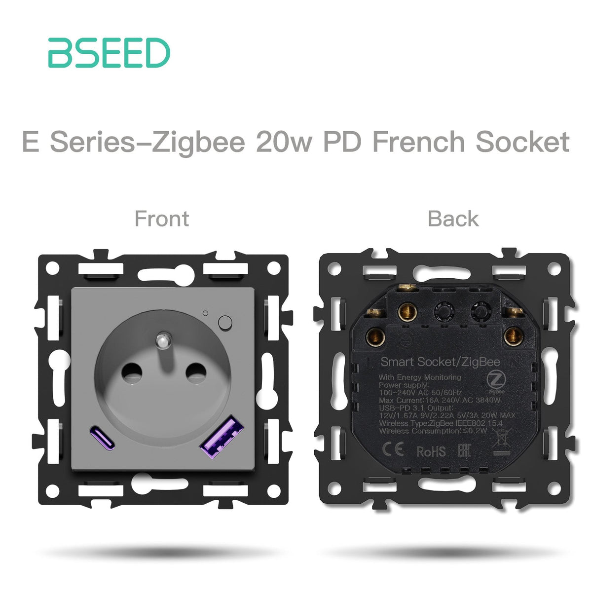 Echo Click Smart zigbee Switch Socket Insert DIY Part Customized Free Combinations Grey Color Crystal Glass Panel Light Switches Bseedswitch Zigbee French Socket with Energy Monitoring with 20W AC