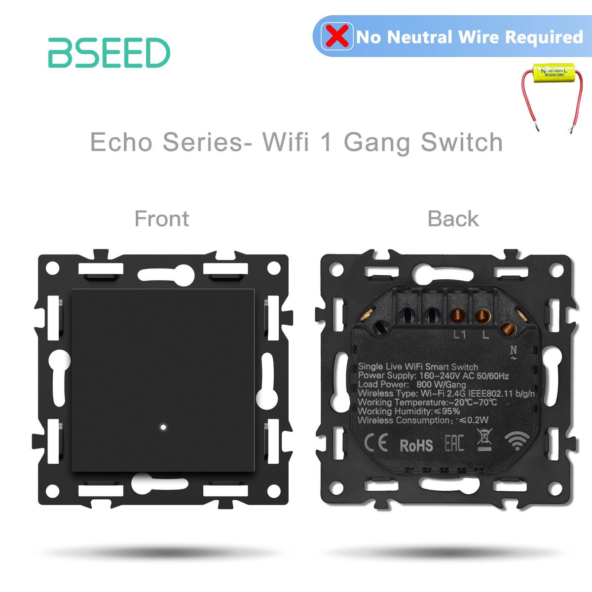 Interruttore Smart Wifi Bseed serie Click, parte fai-da-te con combinazioni personalizzabili, inserto presa, pannello in vetro cristallo nero, interruttore 1 Gang senza filo neutro