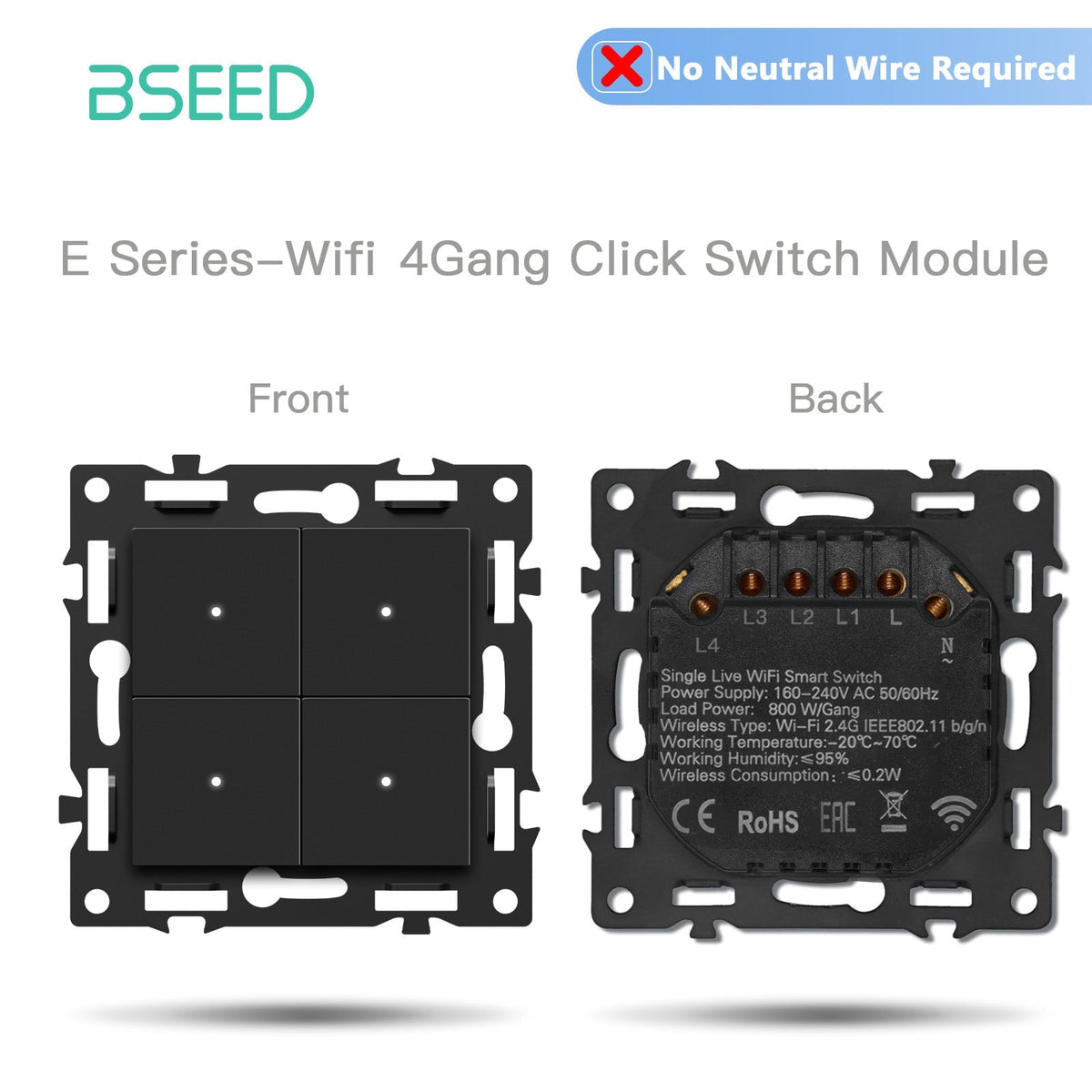 Click Series DIY Part Customized Free Combinations Smart Wifi Switch Socket Insert Black Color Crystal Glass Panel Light Switches Bseedswitch Wifi 4 Gang Switch Without Neutral Line