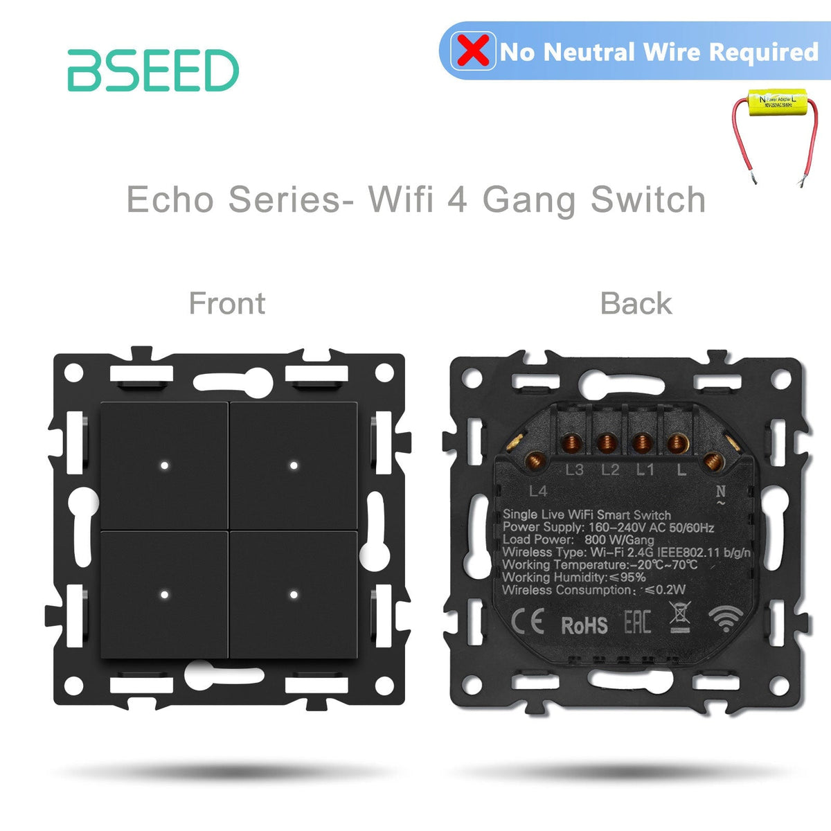 Interruttore Wi-Fi intelligente Bseed serie Click, componente fai-da-te personalizzabile, combinazioni libere, presa interruttore con pannello in vetro cristallo nero, interruttore Wi-Fi a 4 vie senza filo neutro