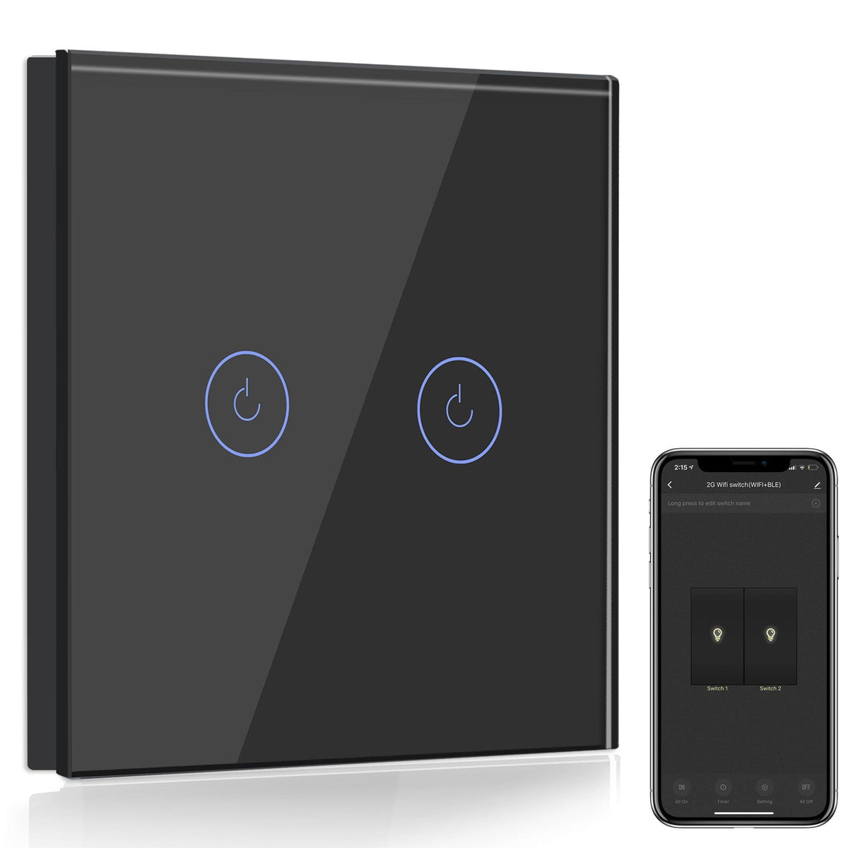 Bseed Smart Wifi Light Switch Wall Switch (With Neutral) Light Switches Bseedswitch Black 1Pcs/Pack 2 Gang