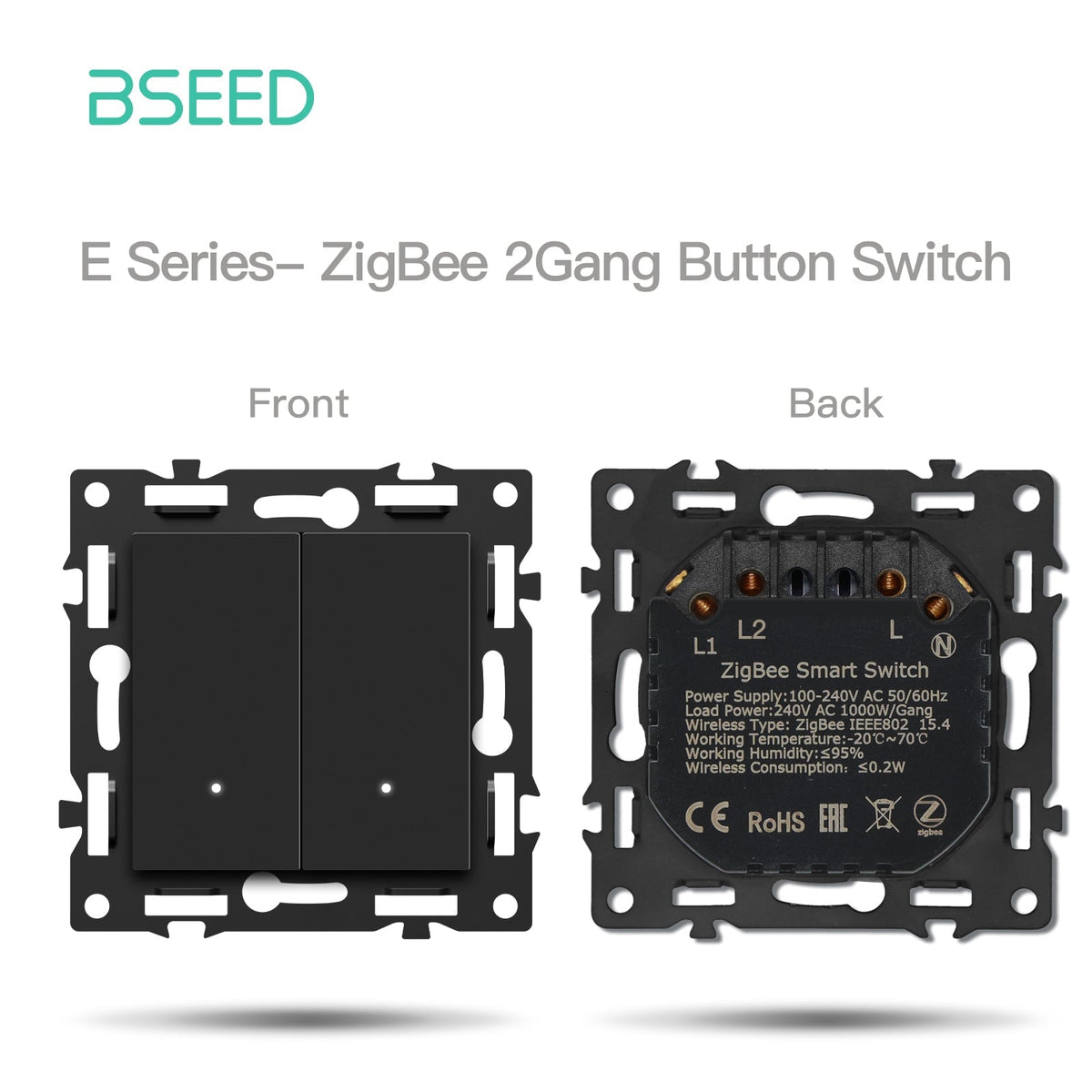 BSEED DIY Part Customized Free Combinations Mechanical Switch Socket Insert Black Color Crystal Glass Panel Light Switches Bseedswitch Zigbee 2 Gang Switch with Neutral