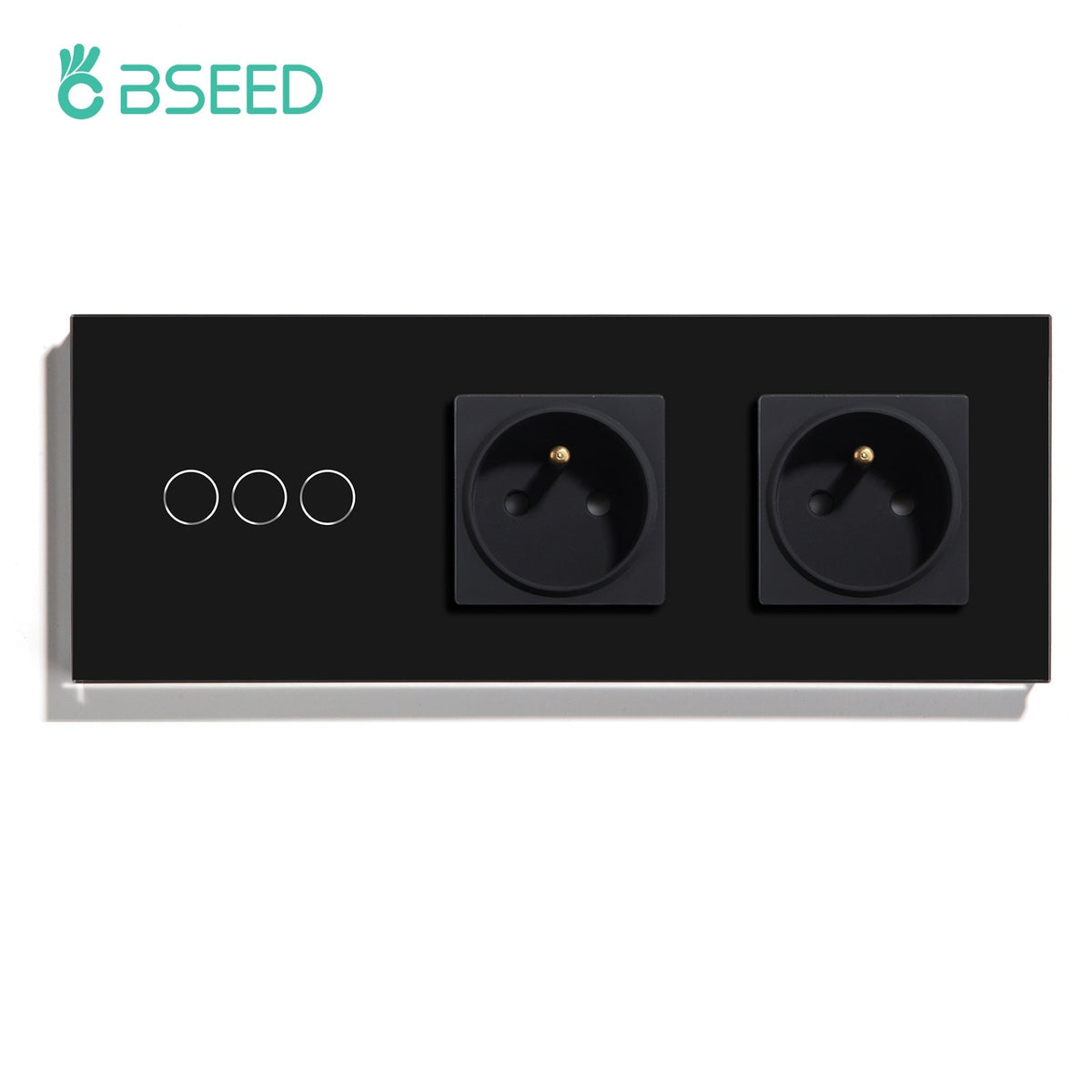 Bseed Wall Light Switch with Double France Socket 16A Plug Glass Panel Wall Plates & Covers Bseedswitch Black 3 Gang 1way