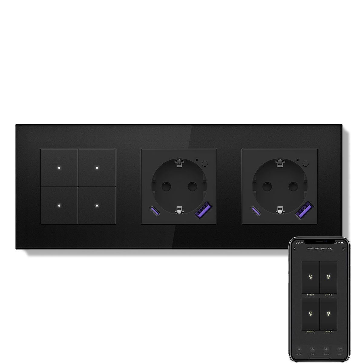 Echo Series Smart Wifi Switch With Double Wifi EU Socket Support energy monitoring with 20W usb type-c port 228mm Power Outlets & Sockets Bseedswitch Black 4Gang
