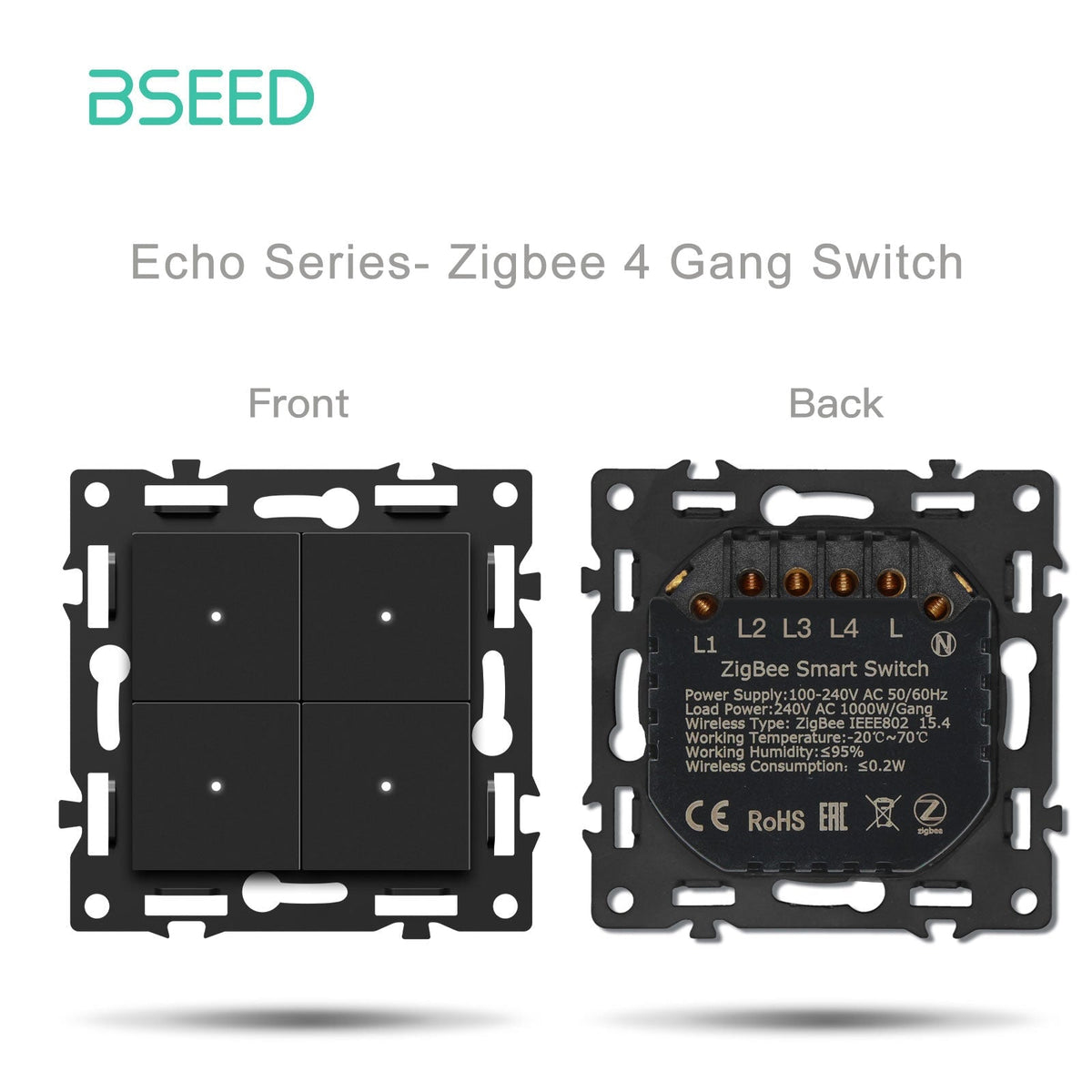 Interruttore smart Zigbee Echo Click Bseed, modulo presa, componente fai-da-te, combinazioni personalizzabili, pannello in vetro cristallo nero, interruttore luce 4 gang, richiede filo neutro