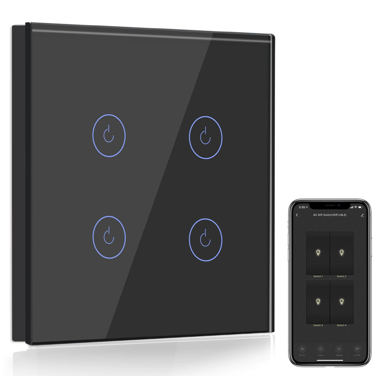 Bseed Smart Wifi Light Switch Wall Switch (With Neutral) Light Switches Bseedswitch Black 1Pcs/Pack 4 Gang