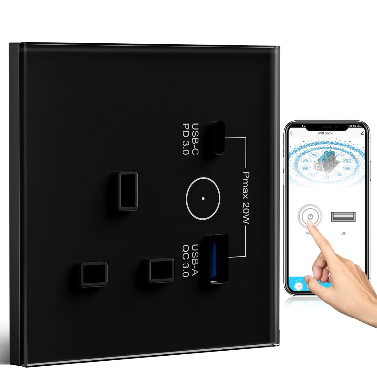 BSEED Smart WiFi UK Standards Wall Sockets with 20W USB type-c port glass panel Power Outlets & Sockets Bseedswitch black