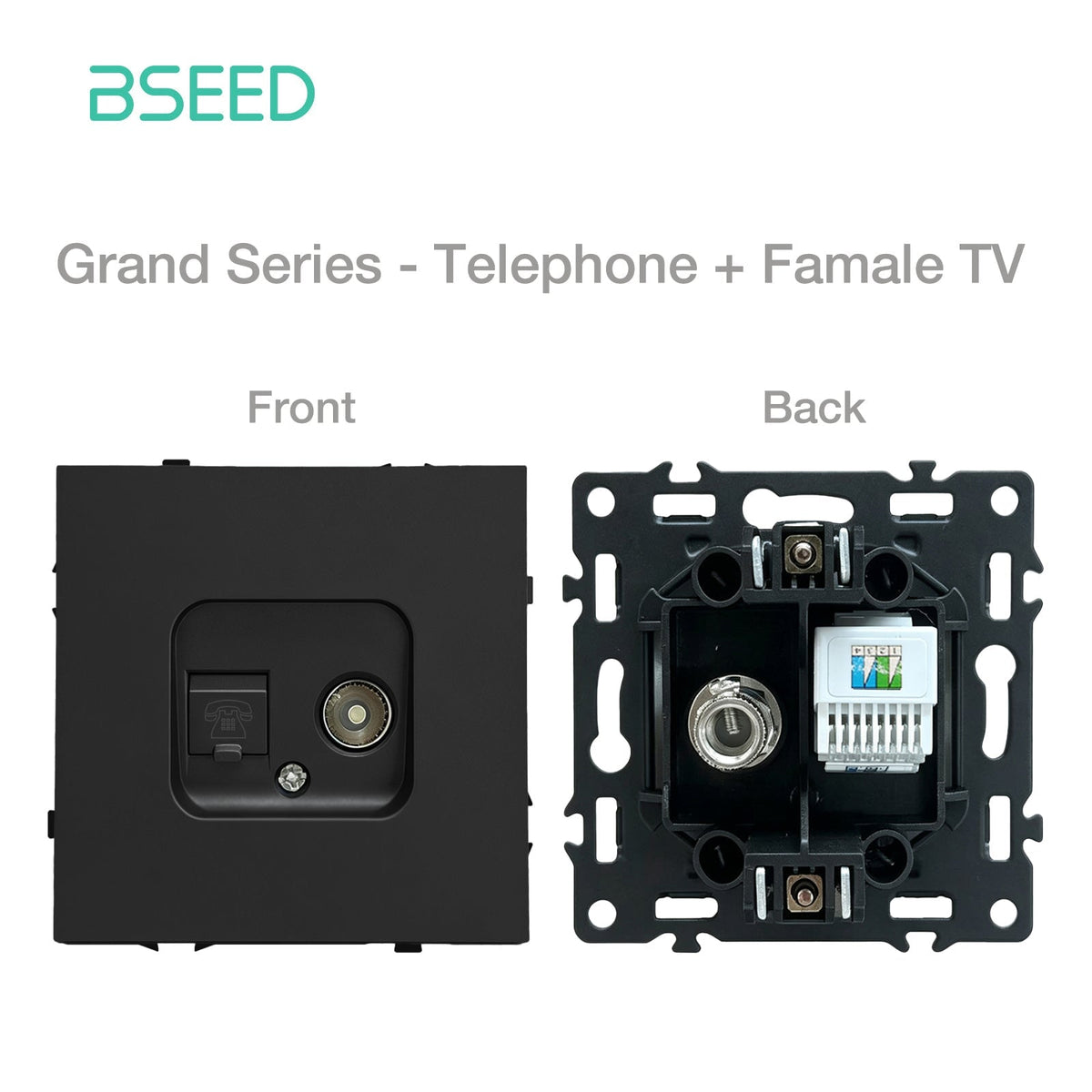 Grand Series DIY Part Customized free combinations Plastic Panels Black Color Power Outlets & Sockets Bseedswitch Telephone with Female Television Socket