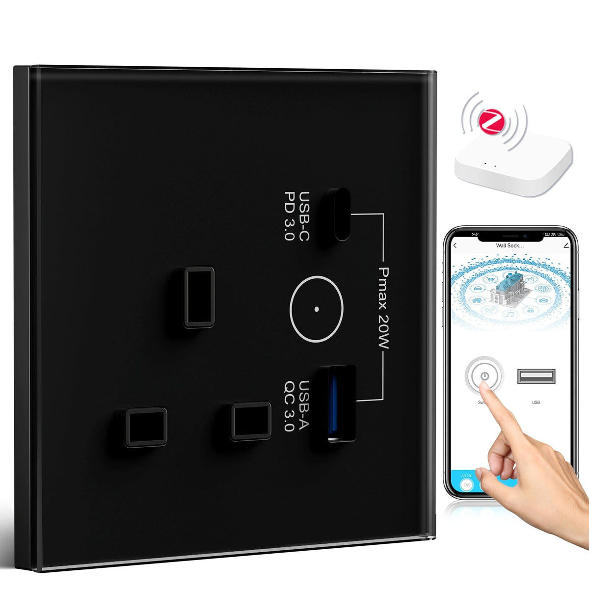BSEED ZigBee UK Wall Sockets Power Outlets Kids Protection with PD 3.0 USB Type-c Port Wall Plates & Covers Bseedswitch black