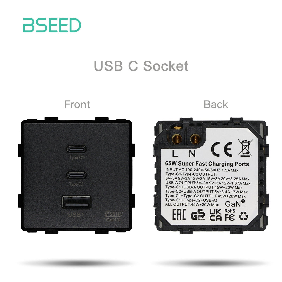 Bseed EU UK Russia Standard Plastic Socket Button Switch Function Key DIY Home Improvement Wall Plates & Covers Bseedswitch Black 65W fast charging A1C2 socket
